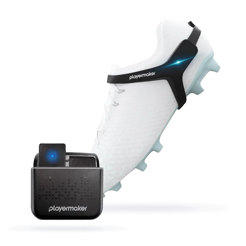 White soccer cleat with black Playermaker tracking device labeled 'playermaker' on a white background