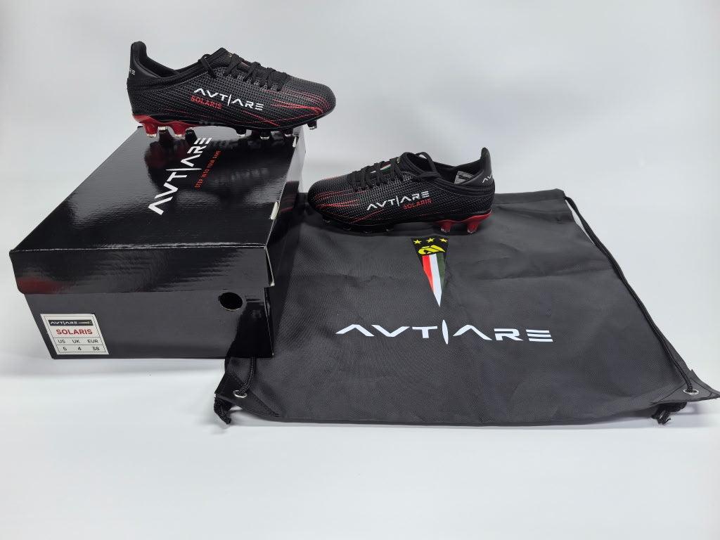 Avtiare Velocita Series "Solaris" high performance soccer cleats in red and black.