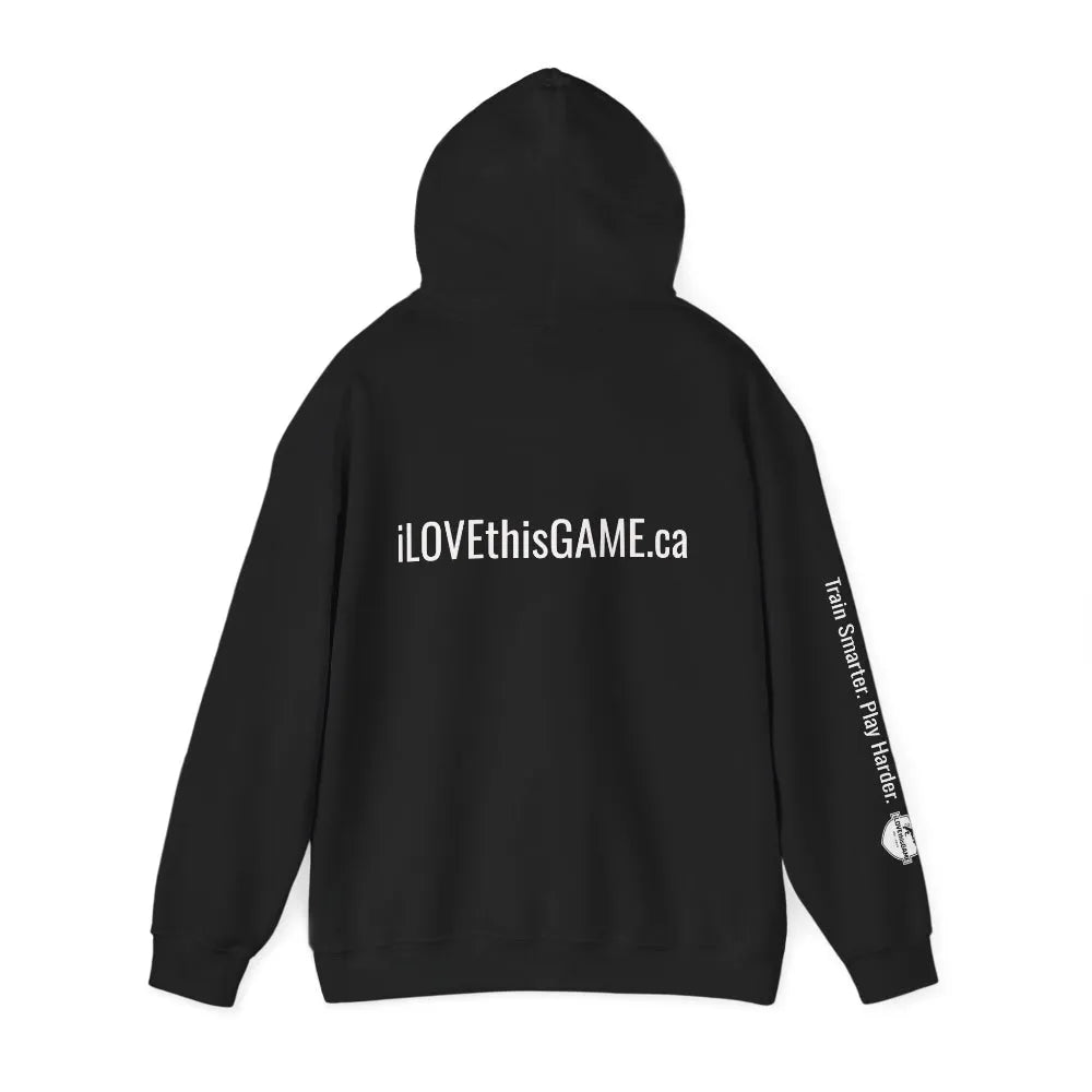 iLOVEthisGAME.ca Black hoodie with text on the back and sleeve against a white background