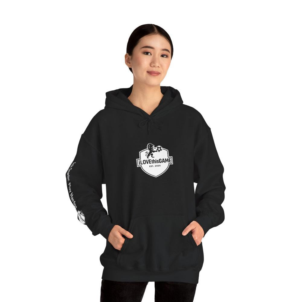 Asian woman wearing a black hoodie with a logo on a white background