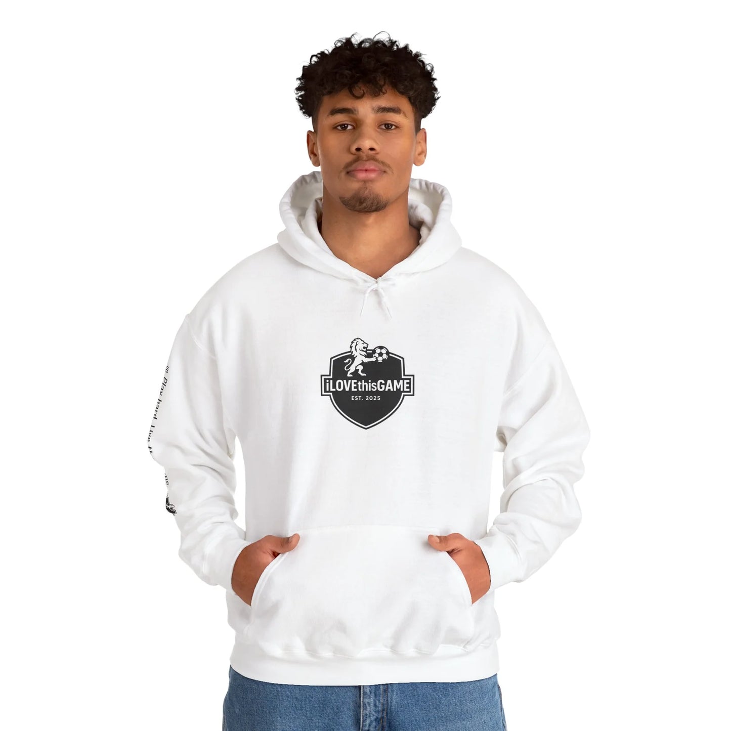 Soccer player wearing iLOVEthisGAME hoodie in white