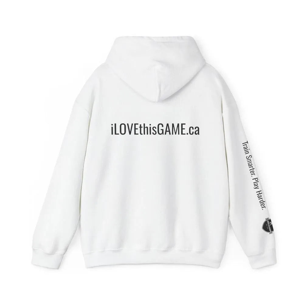 White iLOVEthisGAME.ca hoodie with text on the back and sleeve against a white background