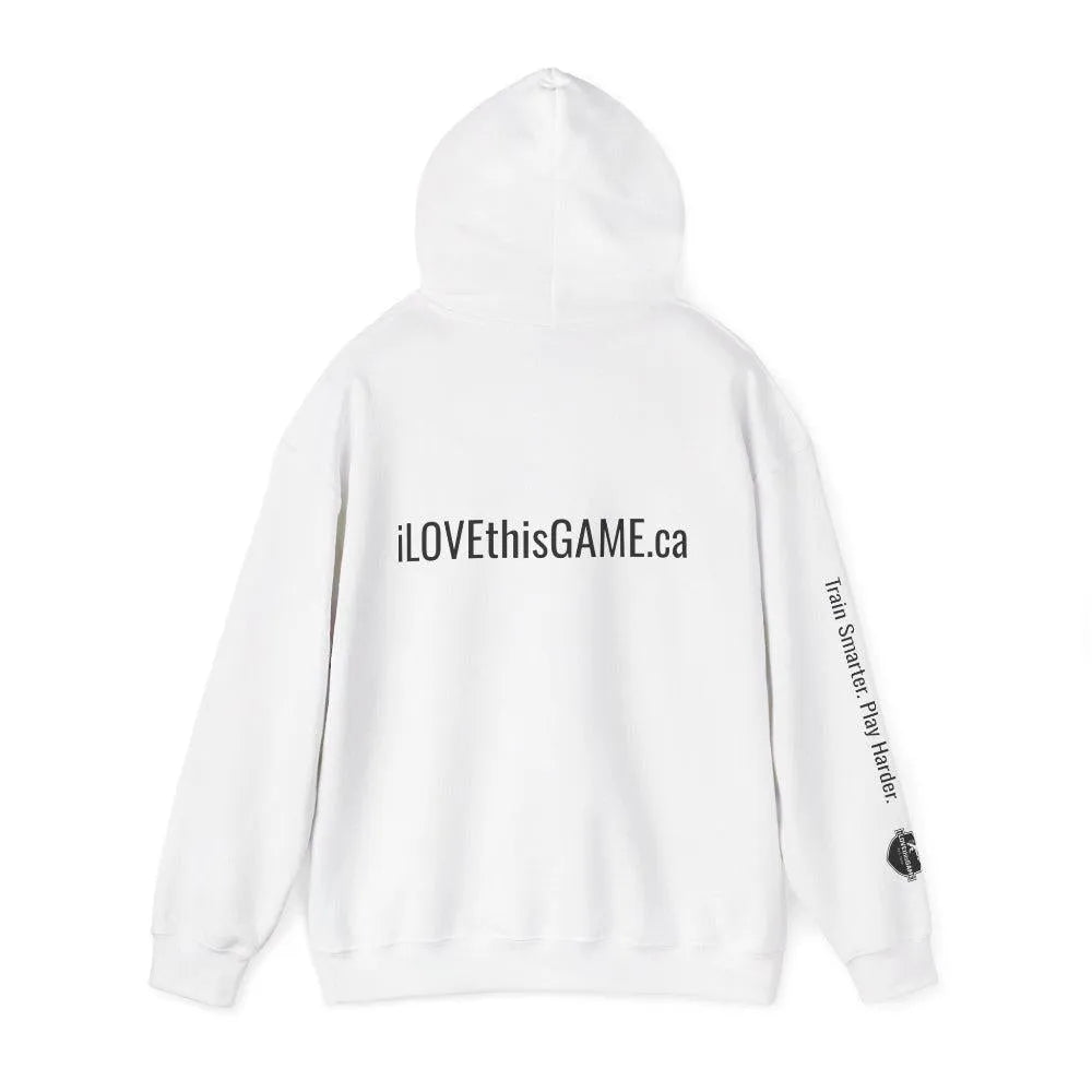 White iLOVEthisGAME.ca hoodie with text on the back and sleeve against a white background