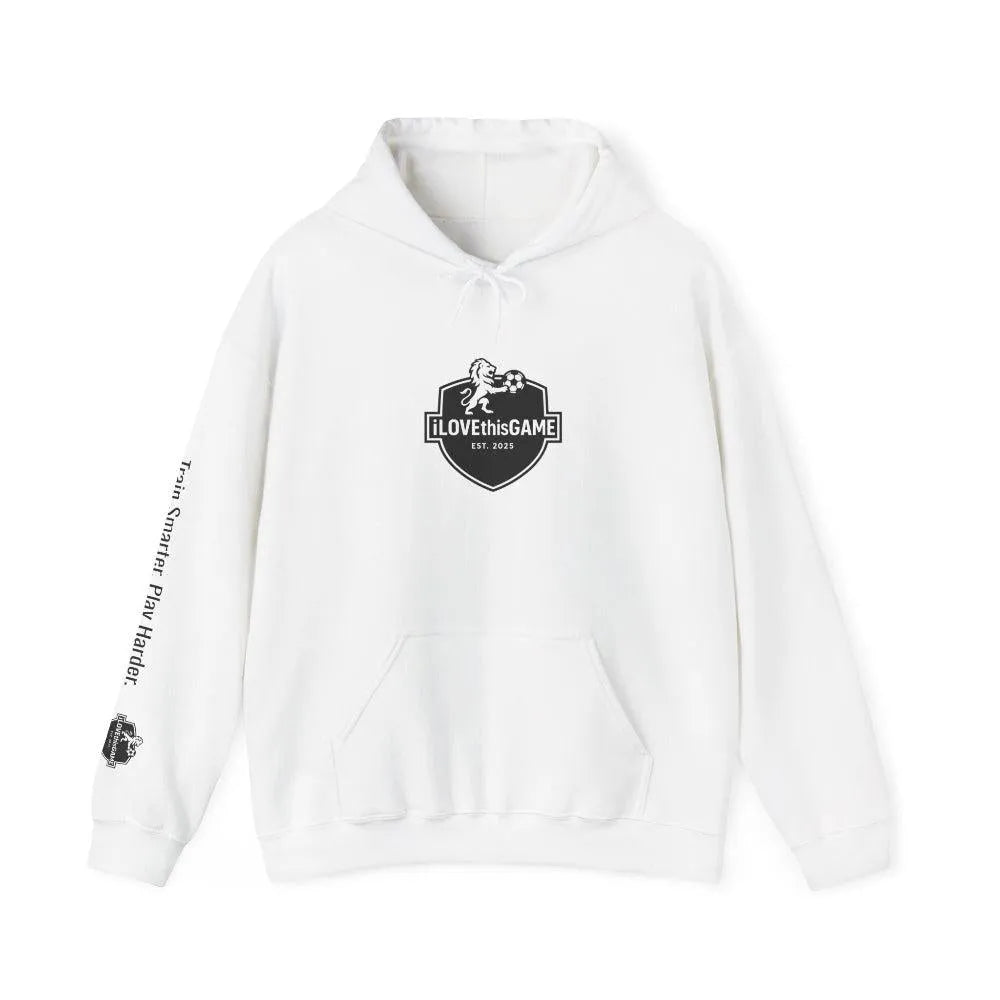 White iLOVEthisGAME.ca hoodie with a logo and text on a white background