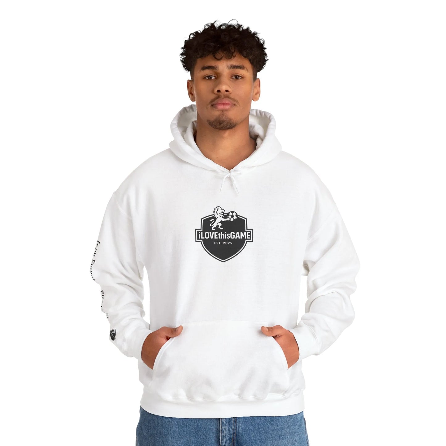 African American male wearing a white iLOVEthisGAME.ca hoodie with a logo on a white background