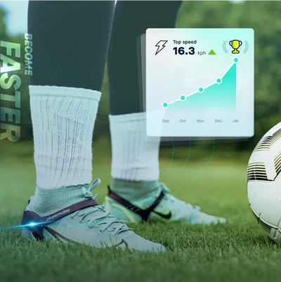 #1 Wearable Soccer Tracker Playermaker wrapped around Nike Cleats and displaying some of the statistics 