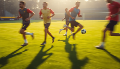 Soccer players training in the sun together wearing soccer cleats