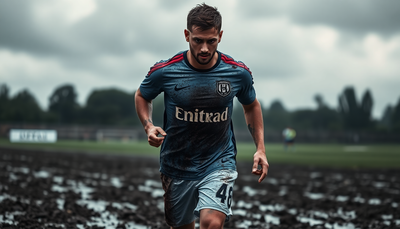 Soccer player running through the mud and training with soccer cleats on