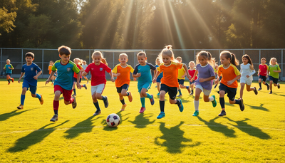Young soccer players playing soccer in the sun