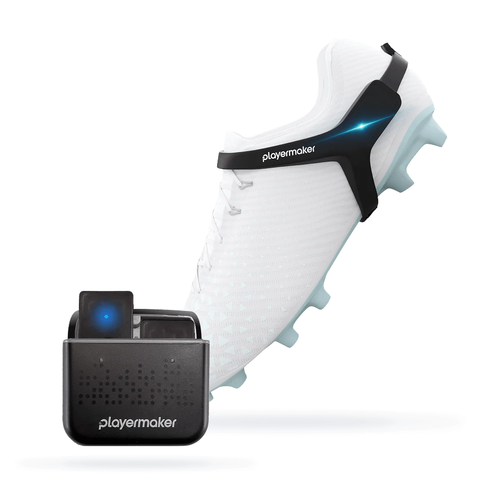 White soccer cleat with black Playermaker tracking device labeled 'playermaker' on a white background