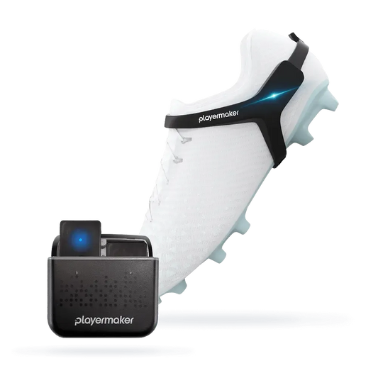 White soccer cleat with black Playermaker tracking device labeled 'playermaker' on a white background