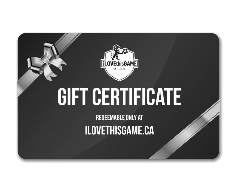 Gift certificate with ILOVEthisGAME logo and text on a black background for Playermaker 2.0, the #1 Wearable Smart Soccer Tracker.