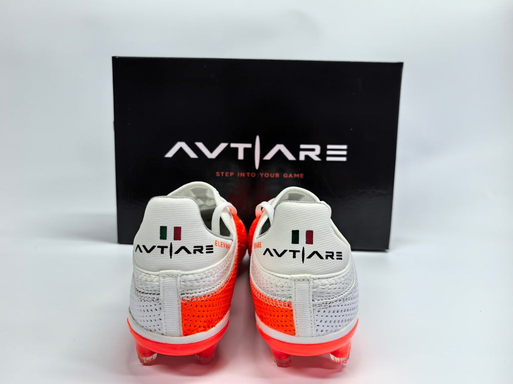 Avtiare Velocita Series "Elevare" high performance soccer cleats in orange and white.