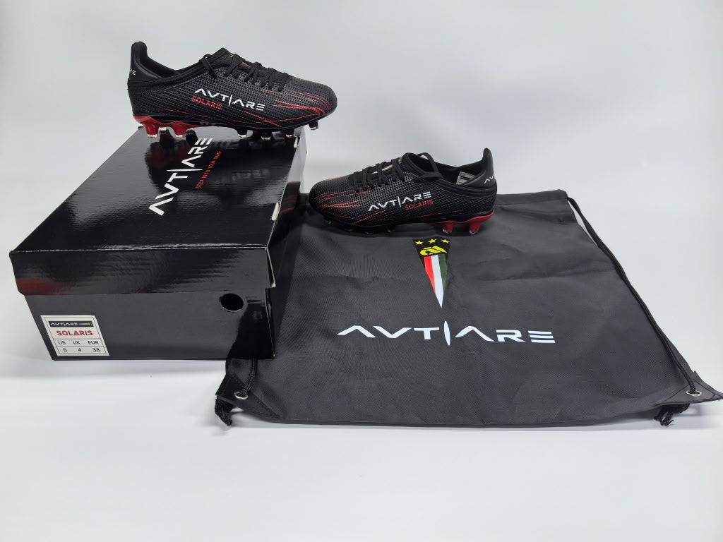 Avtiare Velocita Series "Solaris" high performance soccer cleats in red and black.