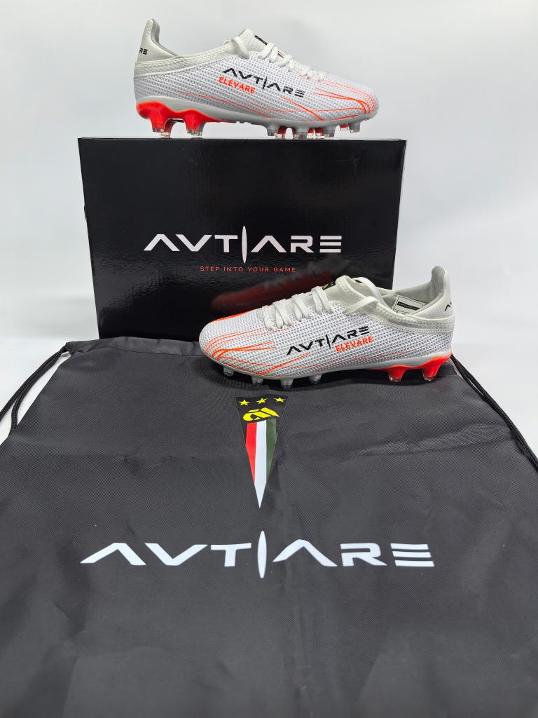 Avtiare Velocita Series "Elevare" high performance soccer cleats in orange and white.
