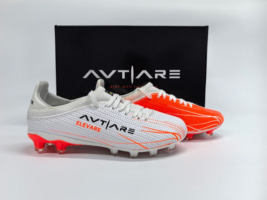 Avtiare Velocita Series "Elevare" high performance soccer cleats in orange and white.