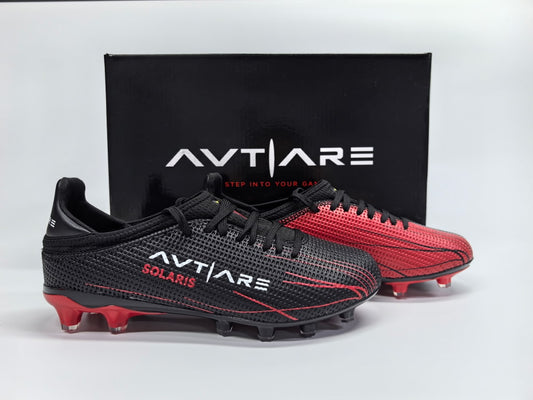 Avtiare Velocita Series "Solaris" high performance soccer cleats in red and black.