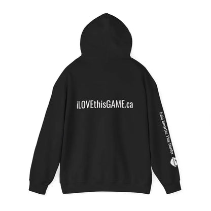 iLOVEthisGAME.ca Black hoodie with text on the back and sleeve against a white background