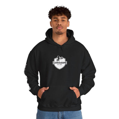African American male wearing a black iLOVEthisGAME.ca hoodie with a logo on a white background