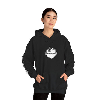 Asian woman wearing a black hoodie with a logo on a white background