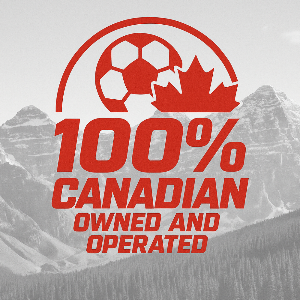 Red logo with a maple leaf and text '100% Canadian owned and operated' against a mountainous background. iLOVEthisGAME is a Canadian company.