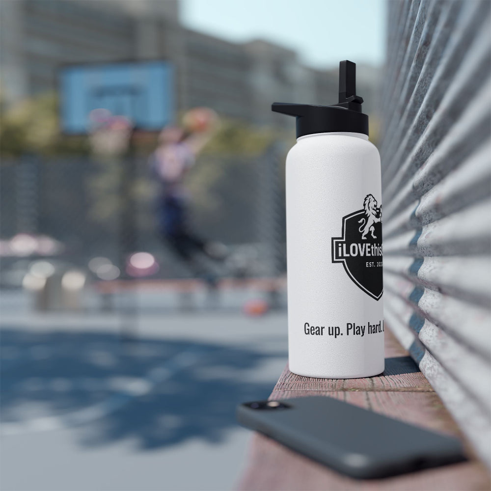 iLOVEthisGAME white stainless steel insulated custom water bottle and soccer cleats
