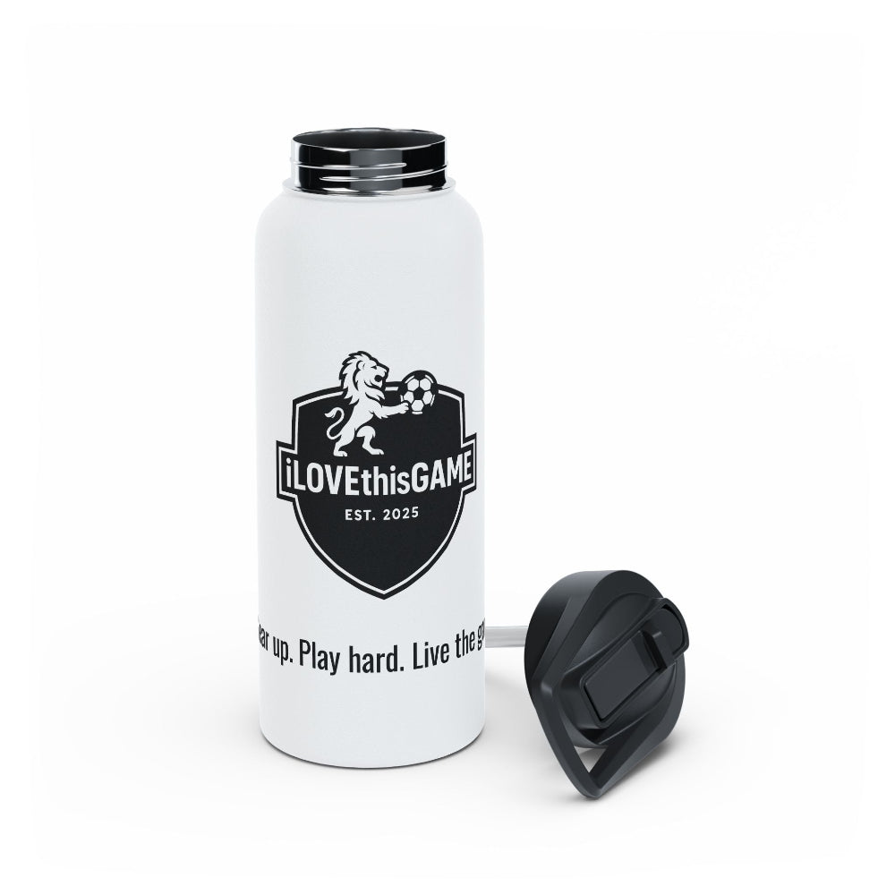 iLOVEthisGAME white stainless steel insulated custom water bottle and soccer cleats