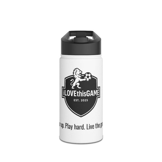 iLOVEthisGAME white stainless steel insulated custom water bottle and soccer cleats