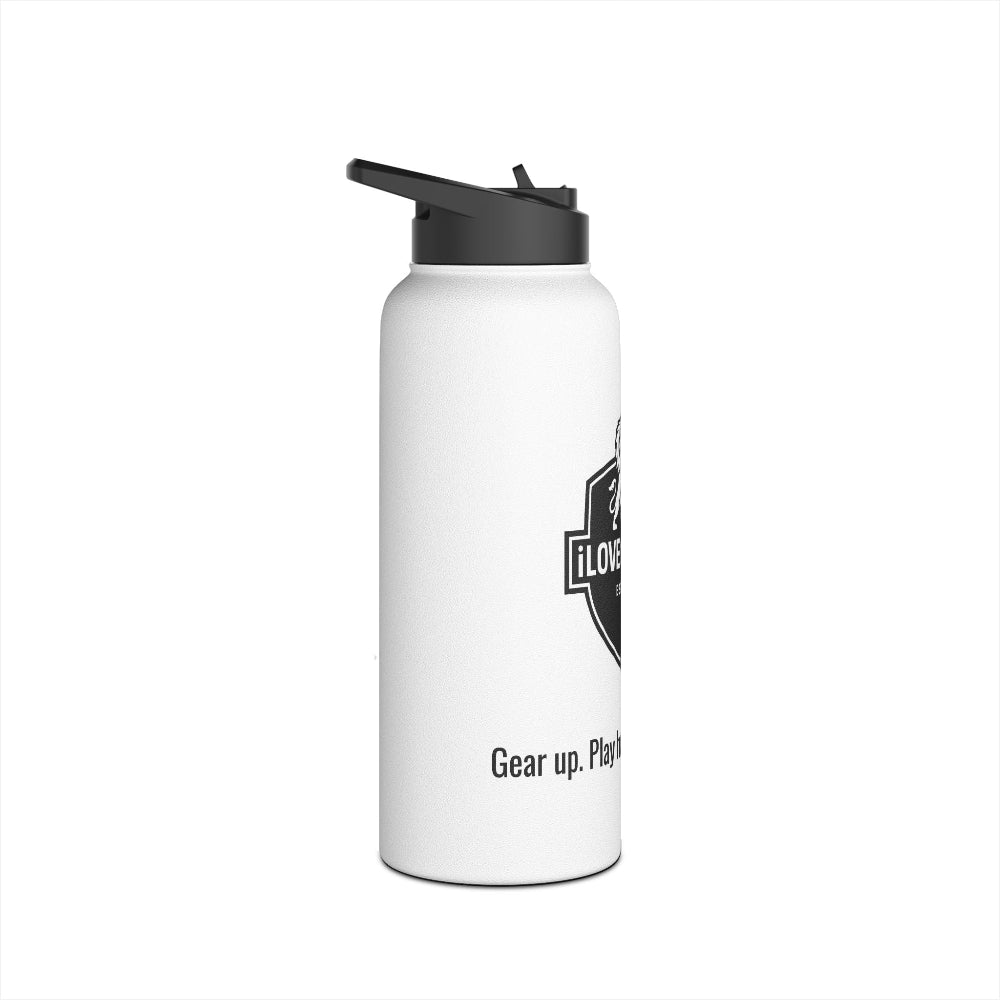 iLOVEthisGAME white stainless steel insulated custom water bottle and soccer cleats