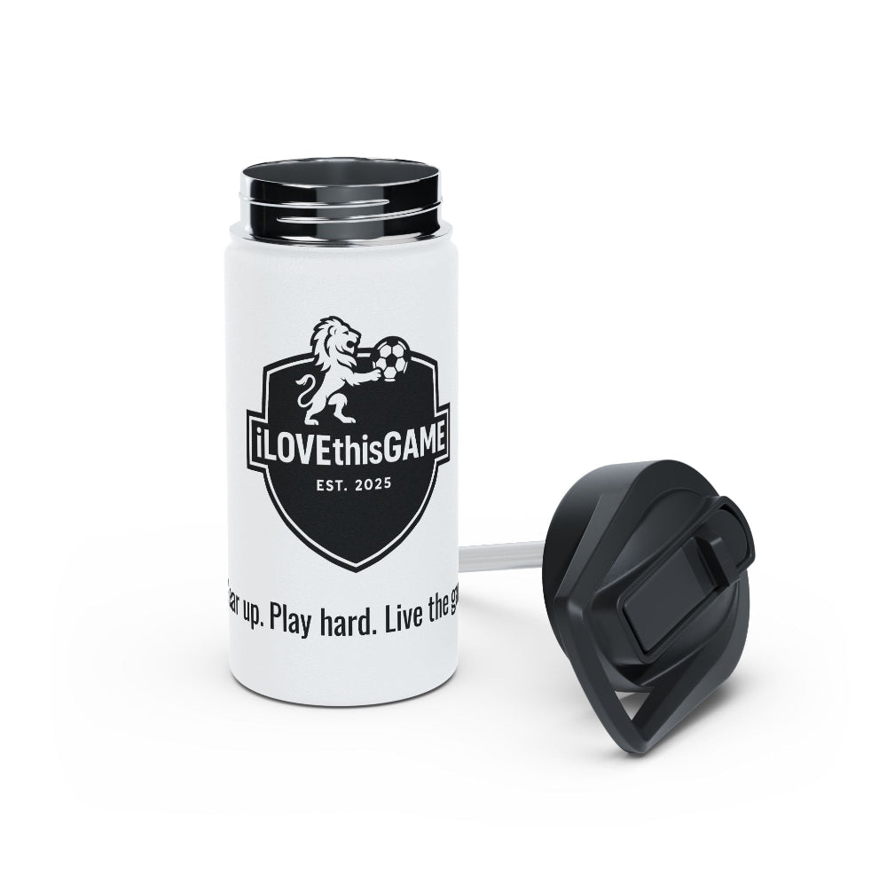 iLOVEthisGAME white stainless steel insulated custom water bottle and soccer cleats