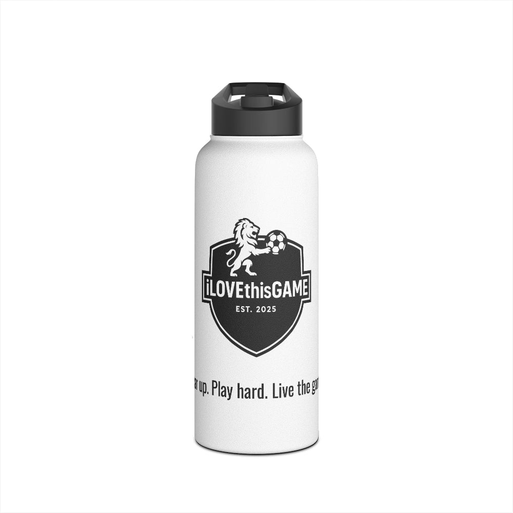 iLOVEthisGAME white stainless steel insulated custom water bottle and soccer cleats