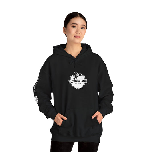 Asian lady wearing a black high quality fleece hoodie and soccer cleats from iLOVEthisGAME