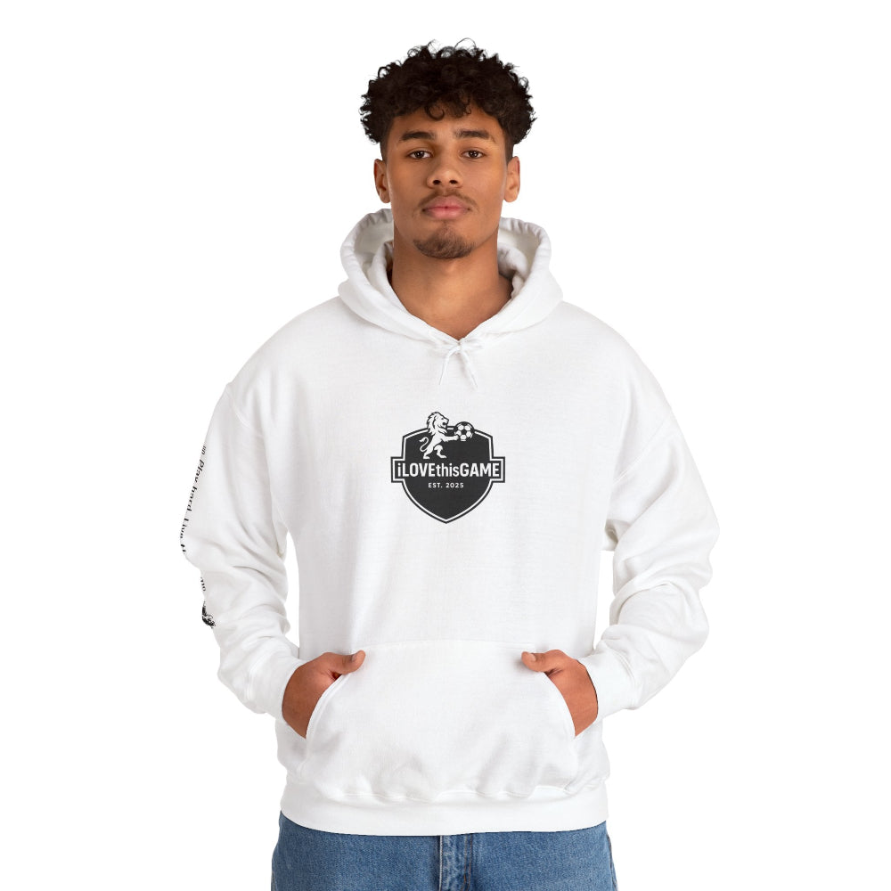 African American wearing an iLOVEthisGAME white high quality fleece hoodie and soccer cleats