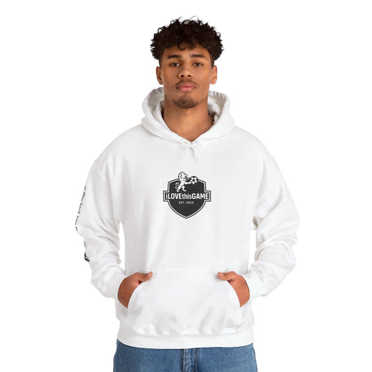 African American wearing an iLOVEthisGAME white high quality fleece hoodie and soccer cleats