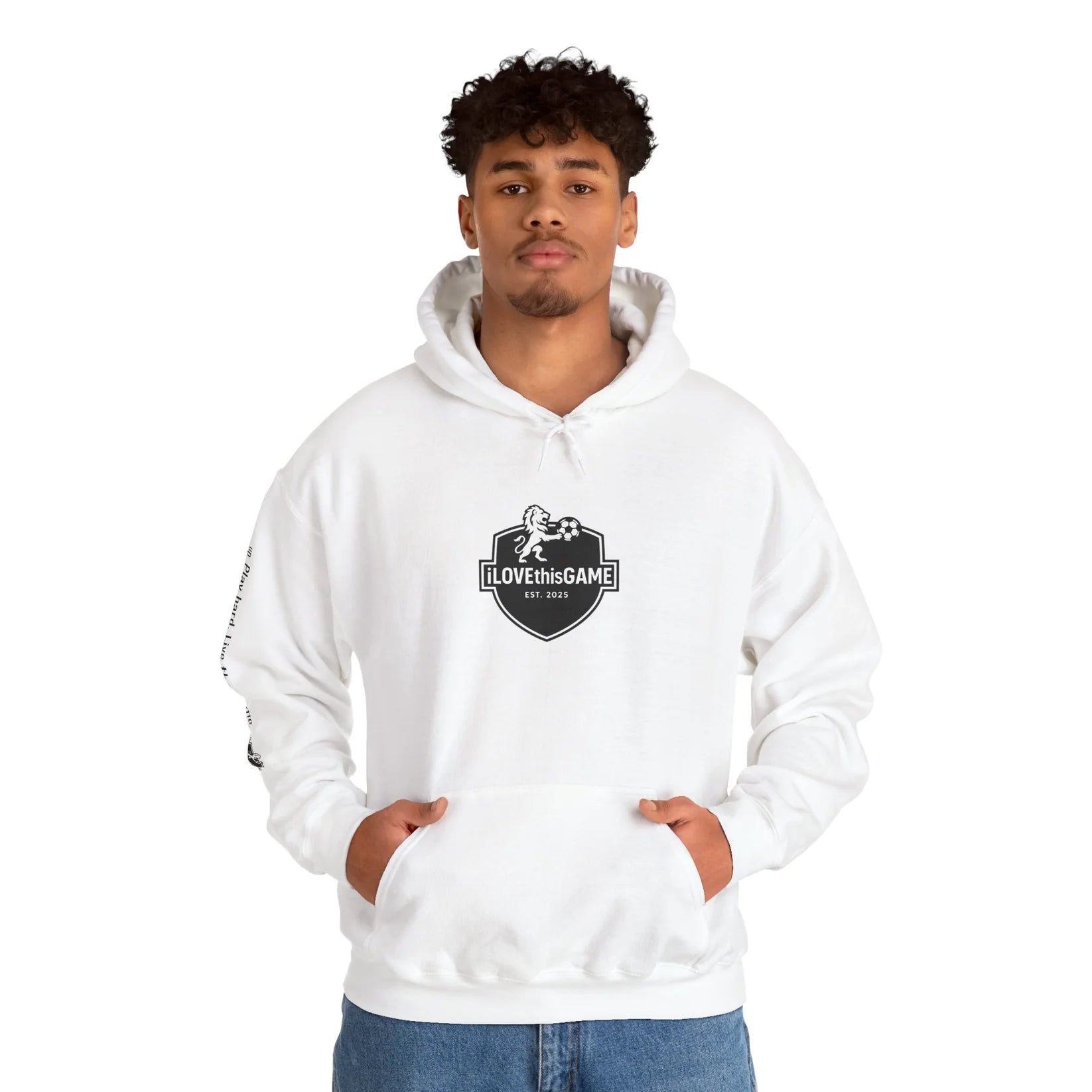 Soccer player wearing iLOVEthisGAME hoodie in white