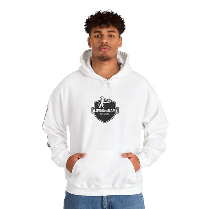 Soccer player wearing iLOVEthisGAME hoodie in white