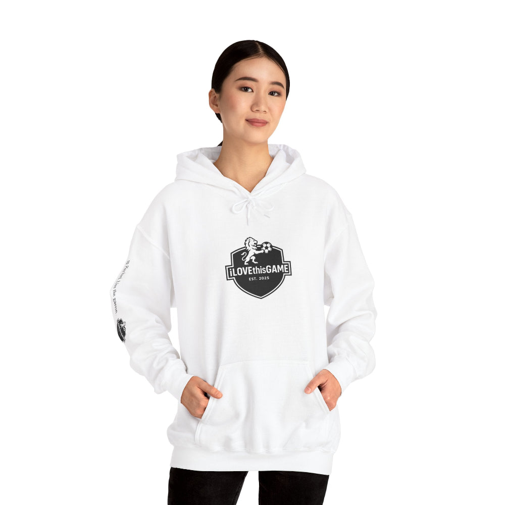 Asian woman wearing an iLOVEthisGAME white high quality fleece hoodie and soccer cleats
