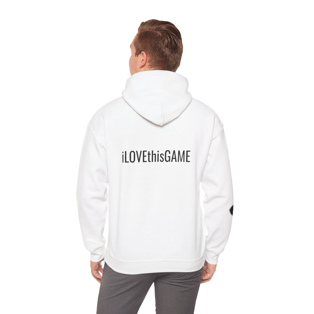 Man wearing an iLOVEthisGAME white high quality fleece hoodie and soccer cleats