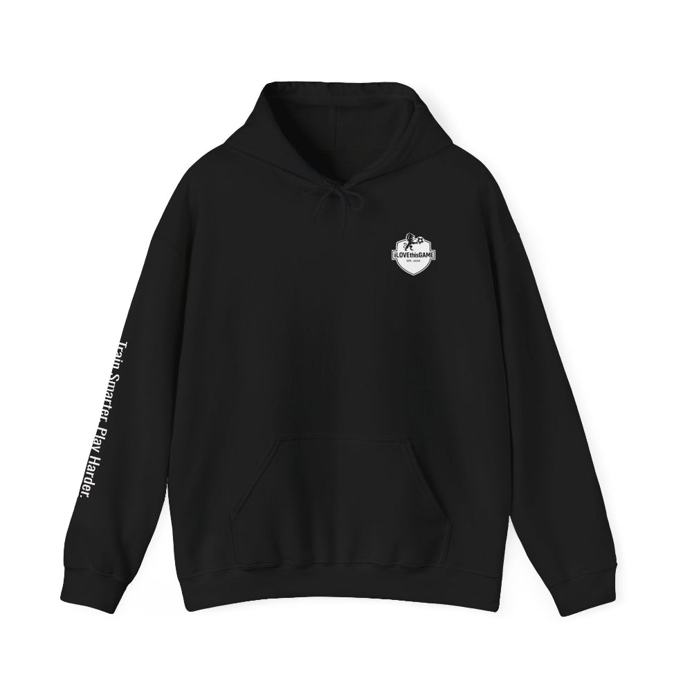 Black hoodie with an iLOVEthisGAME logo on the chest and text on the sleeve against a white background