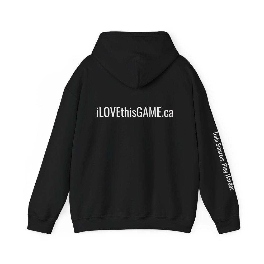 Black hoodie with an iLOVEthisGAME logo on the chest and text on the sleeve against a white background