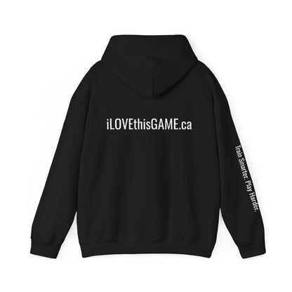 Black hoodie with an iLOVEthisGAME logo on the chest and text on the sleeve against a white background