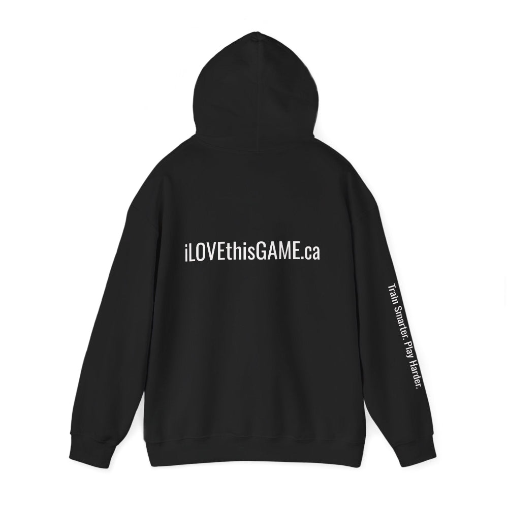 Black hoodie with an iLOVEthisGAME logo on the chest and text on the sleeve against a white background