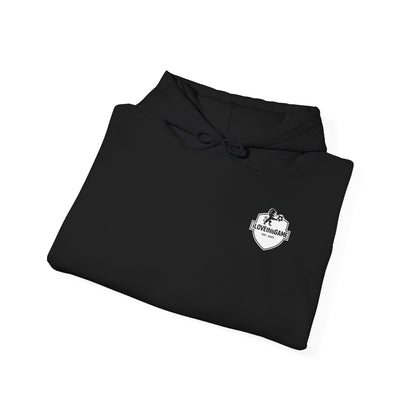 Black hoodie with an iLOVEthisGAME logo on the chest and text on the sleeve against a white background