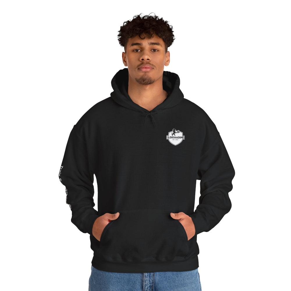 Black hoodie with an iLOVEthisGAME logo on the chest and text on the sleeve against a white background