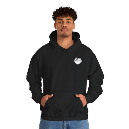 Black hoodie with an iLOVEthisGAME logo on the chest and text on the sleeve against a white background