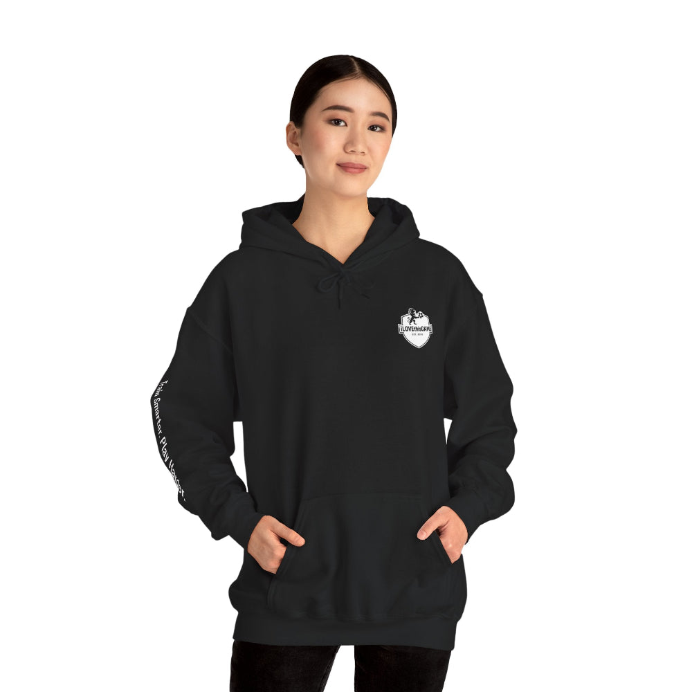 Black hoodie with an iLOVEthisGAME logo on the chest and text on the sleeve against a white background