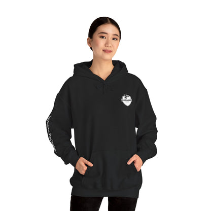 Black hoodie with an iLOVEthisGAME logo on the chest and text on the sleeve against a white background