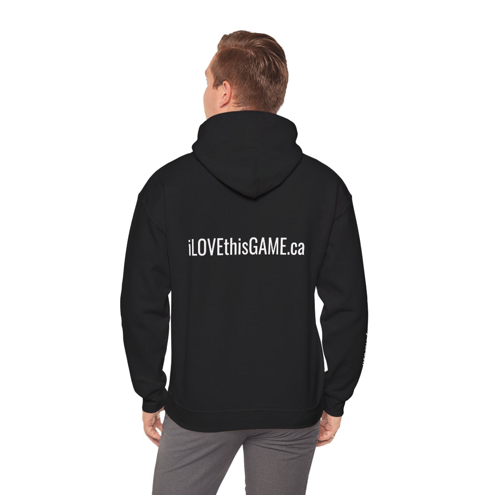 Black hoodie with an iLOVEthisGAME logo on the chest and text on the sleeve against a white background