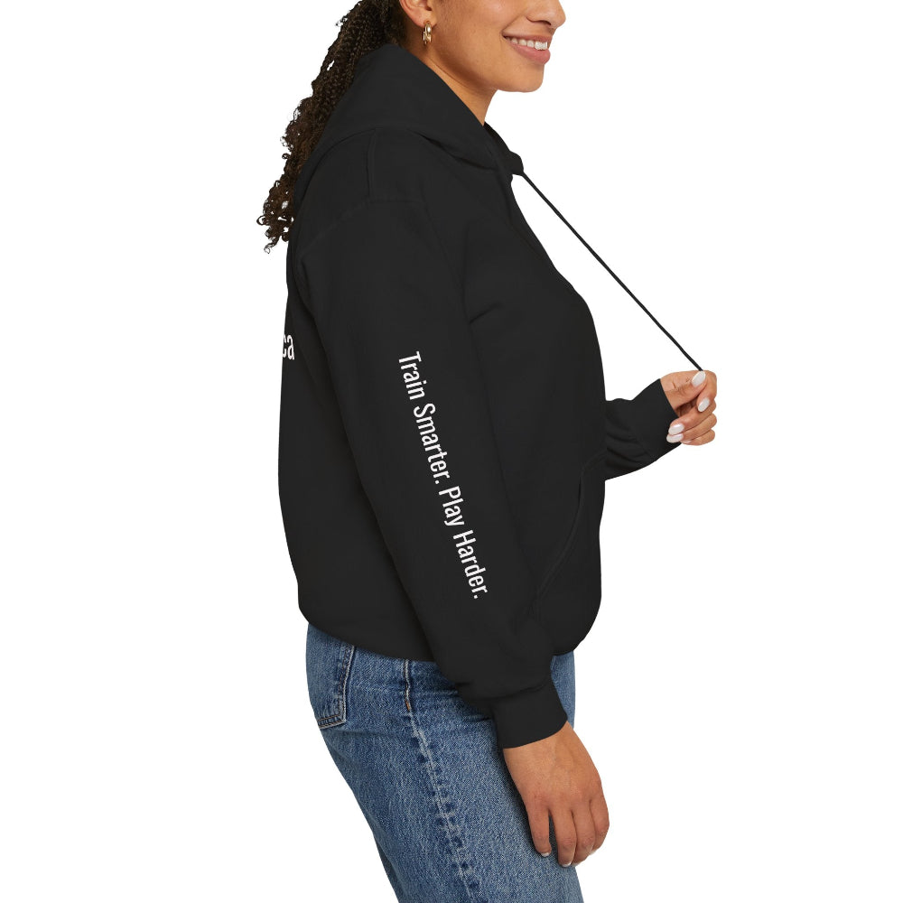 Black hoodie with an iLOVEthisGAME logo on the chest and text on the sleeve against a white background