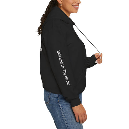 Black hoodie with an iLOVEthisGAME logo on the chest and text on the sleeve against a white background